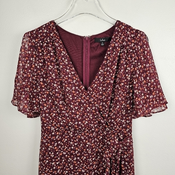 Lulu's Good Moments Burgundy Floral Print Split Sleeve Faux-Wrap Dress NWT - Picture 11 of 16